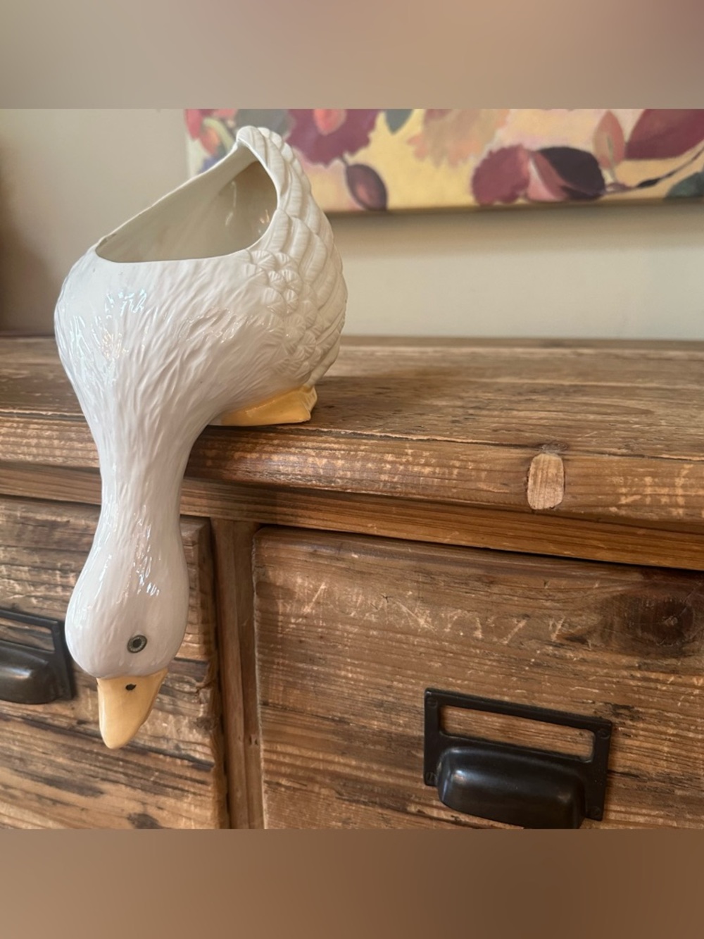 Vintage White Ceramic Goose Planter & Mini Duck Figurine Set Farmhouse Decor - Picture 3 of 11